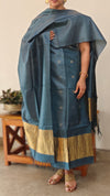 Bluish grey tussar silk suit with zari patta - EN08