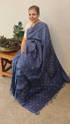 Dark blue embroidered checked silk saree - T201