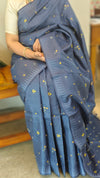 Dark blue embroidered checked silk saree - T201