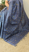Dark blue embroidered checked silk saree - T201