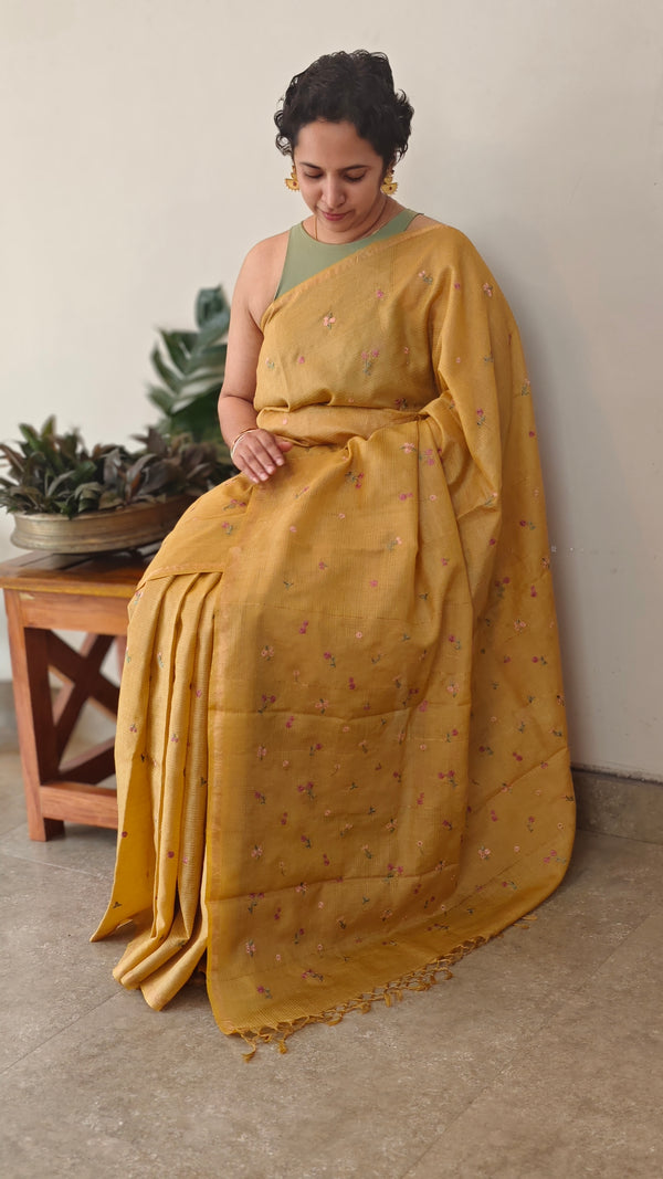 Mustard embroidered silk saree - T201