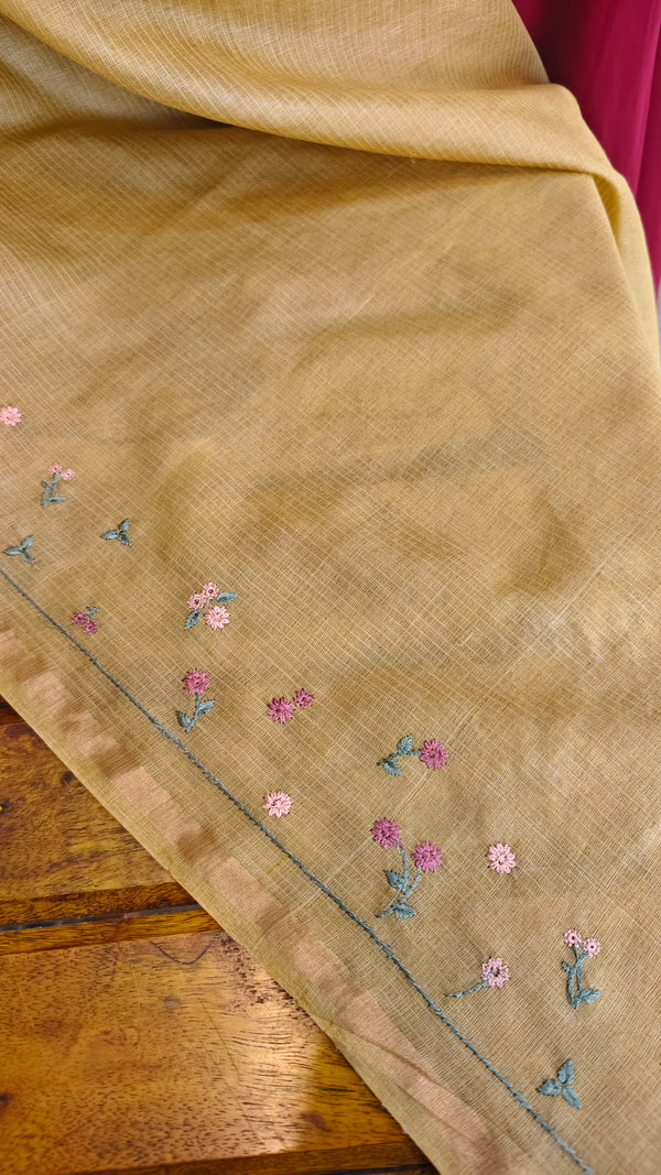 Mustard embroidered silk saree - T201