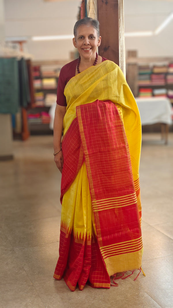 Yellow and red raw silk saree