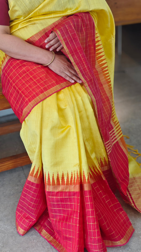 Yellow and red raw silk saree