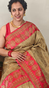 Beige and red banarasi silk saree