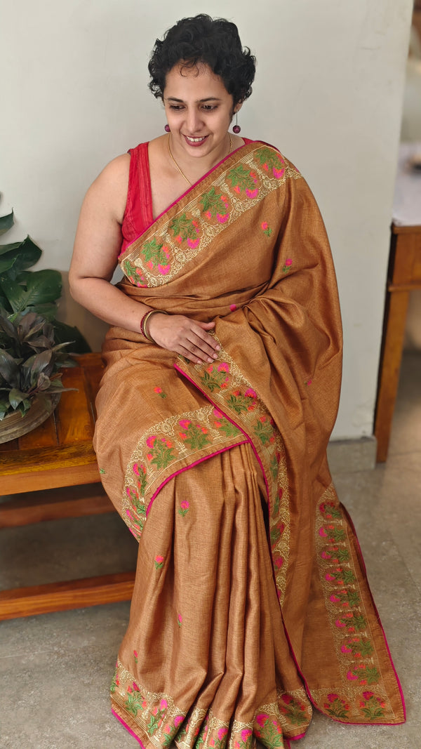 Copper brown semi katan silk saree