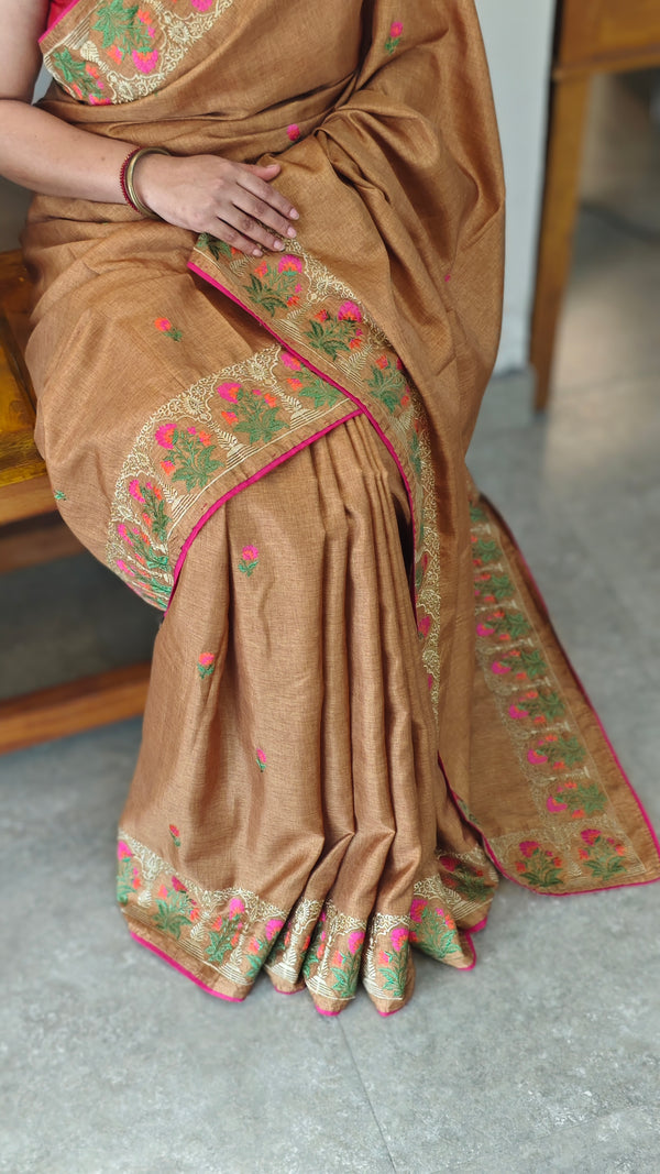 Copper brown semi katan silk saree