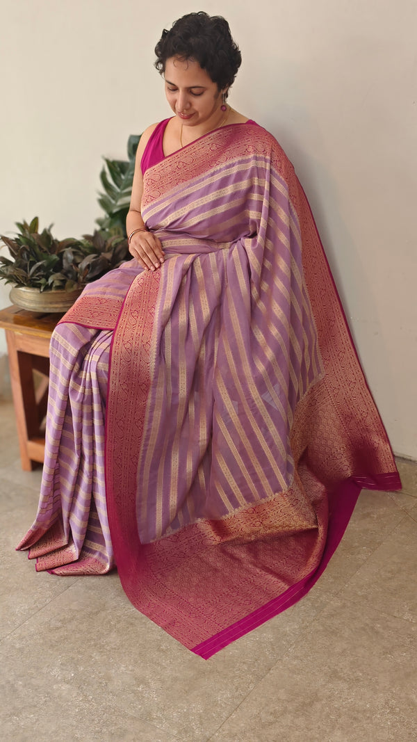 Lavender and pink georgette banarasi silk saree