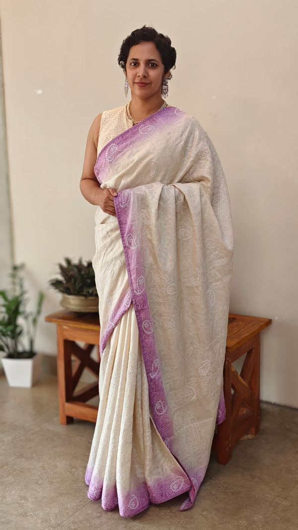 Off white and lavender tussar silk saree