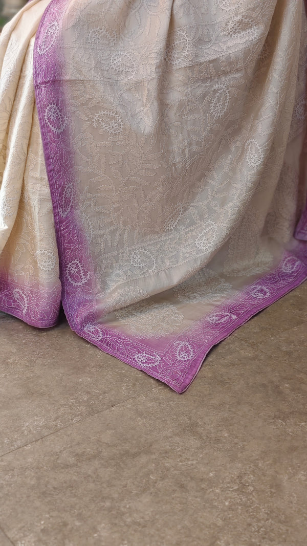 Off white and lavender tussar silk saree