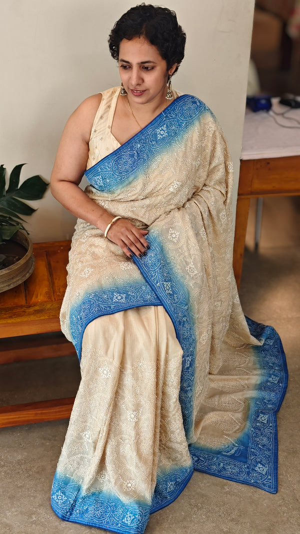 Off white and blue desi tussar silk saree