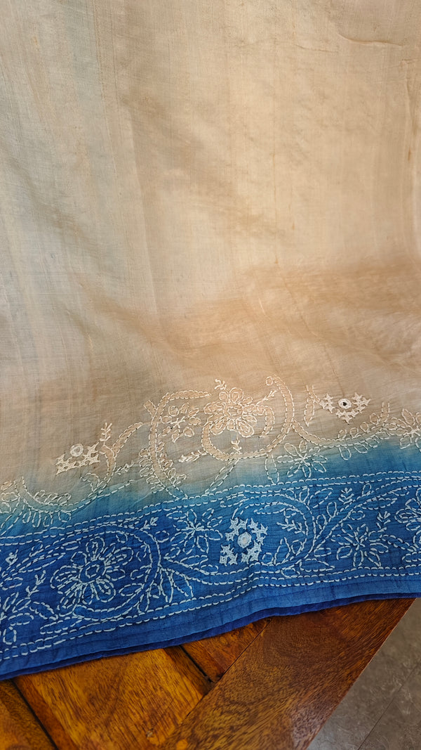 Off white and blue desi tussar silk saree