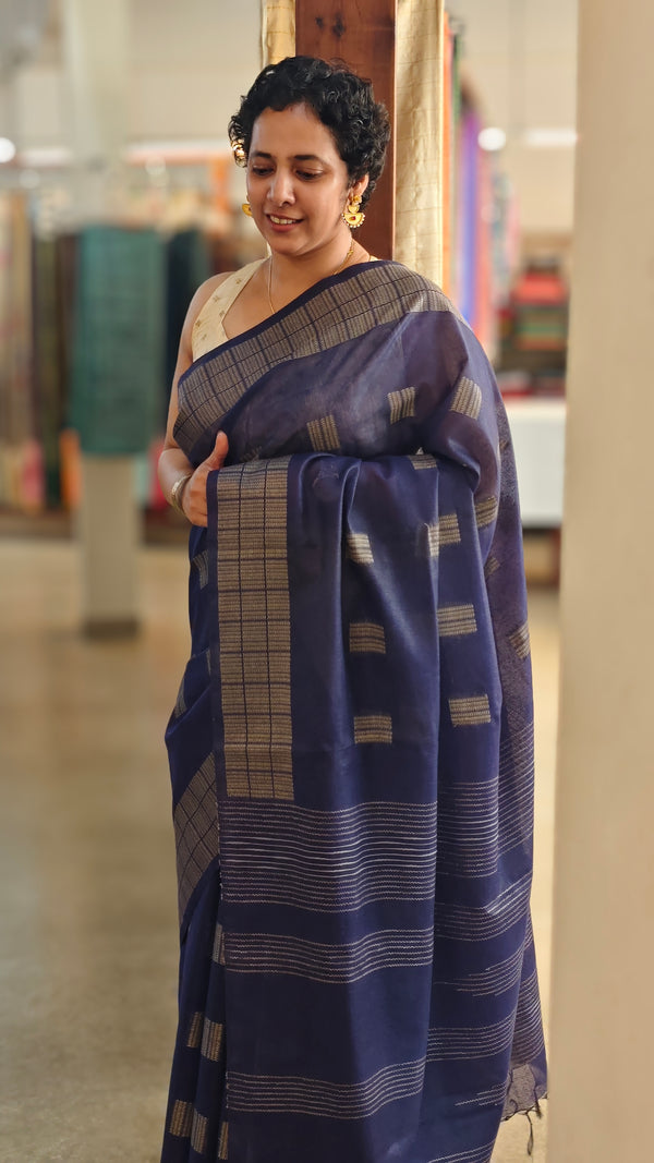 Royal blue woven bamboo tussar silk saree