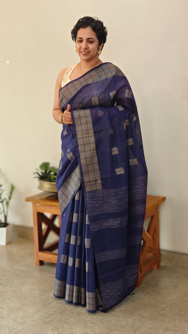 Royal blue woven bamboo tussar silk saree
