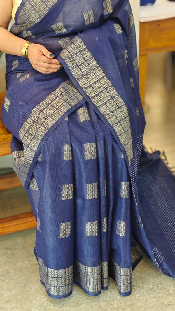 Royal blue woven bamboo tussar silk saree