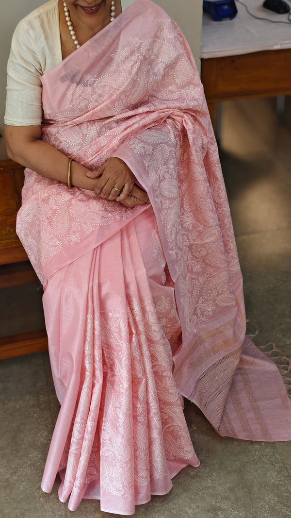 Baby pink tussar silk saree - 9TF