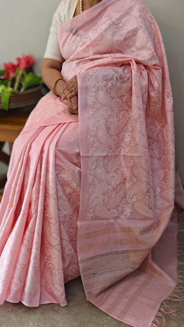 Baby pink tussar silk saree - 9TF