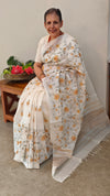 Mustard floral cross stitch embroidery on off white tussar silk saree - CST24