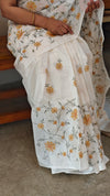 Mustard floral cross stitch embroidery on off white tussar silk saree - CST24