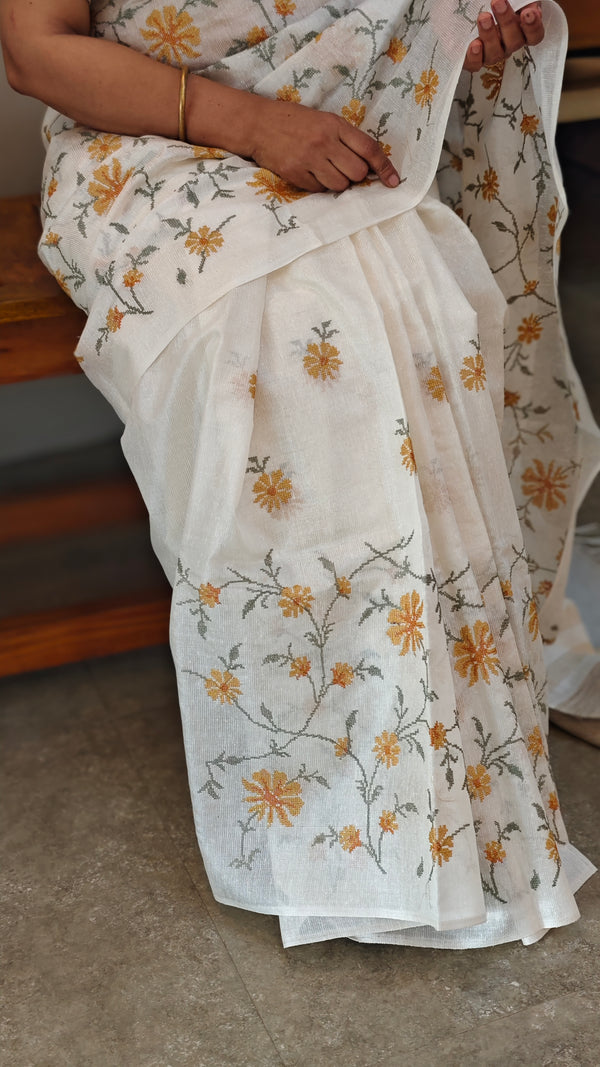Mustard floral cross stitch embroidery on off white tussar silk saree - CST24
