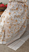 Mustard floral cross stitch embroidery on off white tussar silk saree - CST24