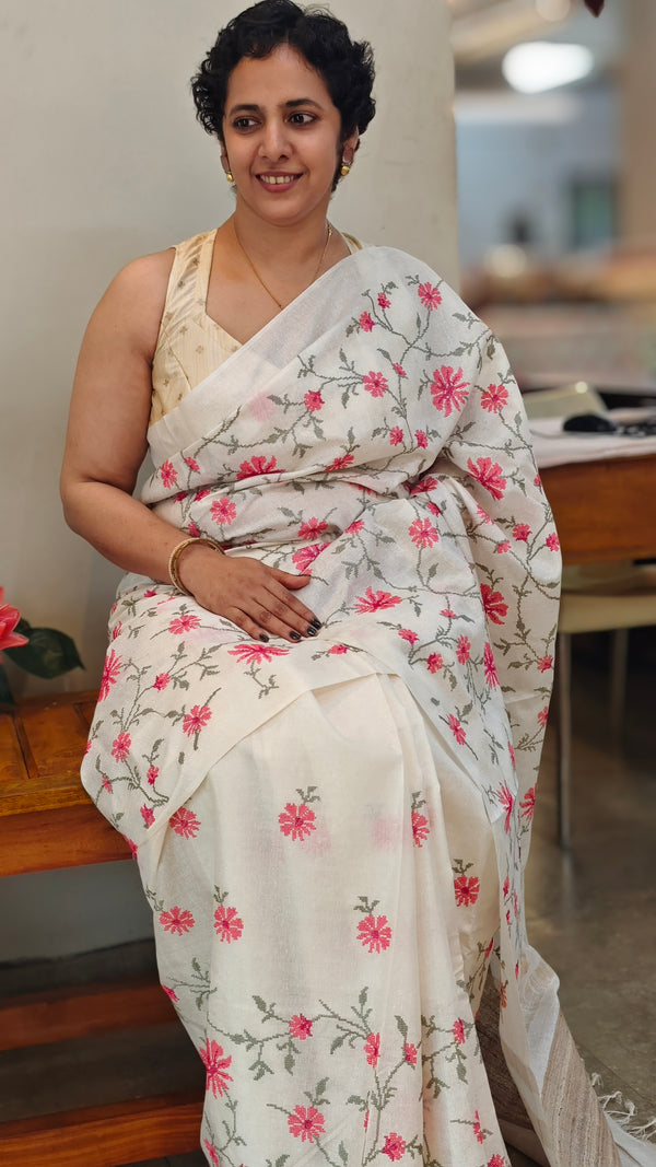 Pink floral cross stitch embroidery on off white tussar silk saree - CST24