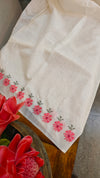 Pink floral cross stitch embroidery on off white tussar silk saree - CST24