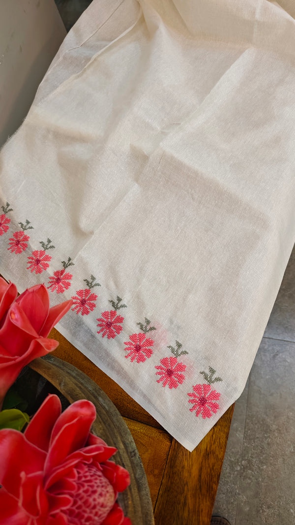 Pink floral cross stitch embroidery on off white tussar silk saree - CST24