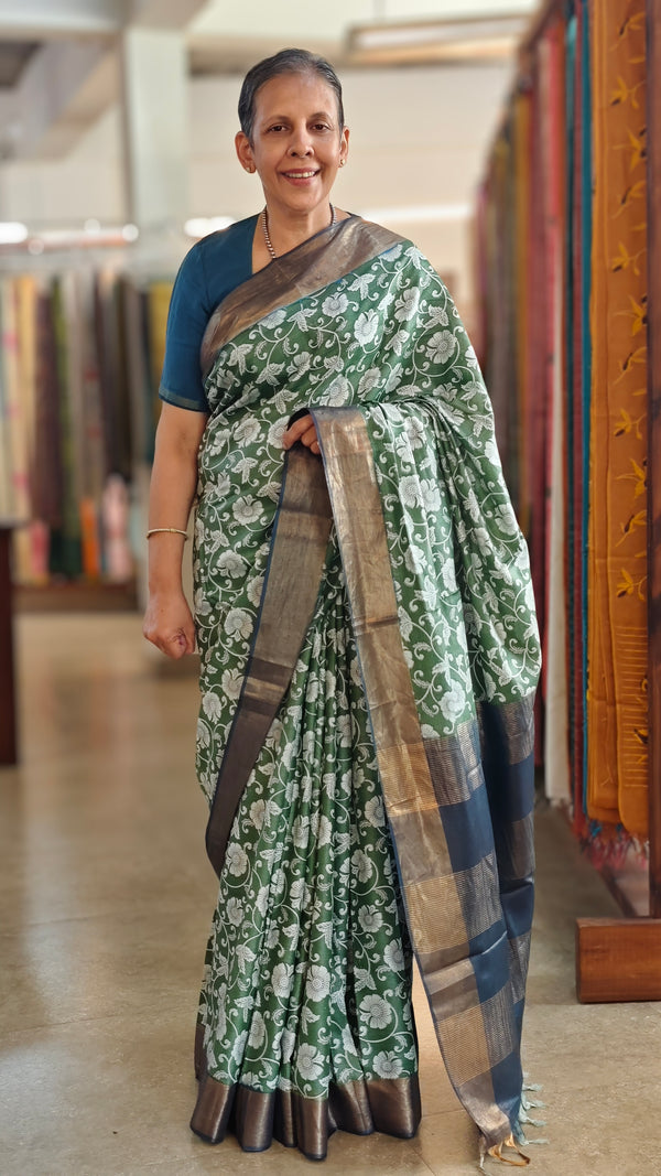 Floral printed green silk saree