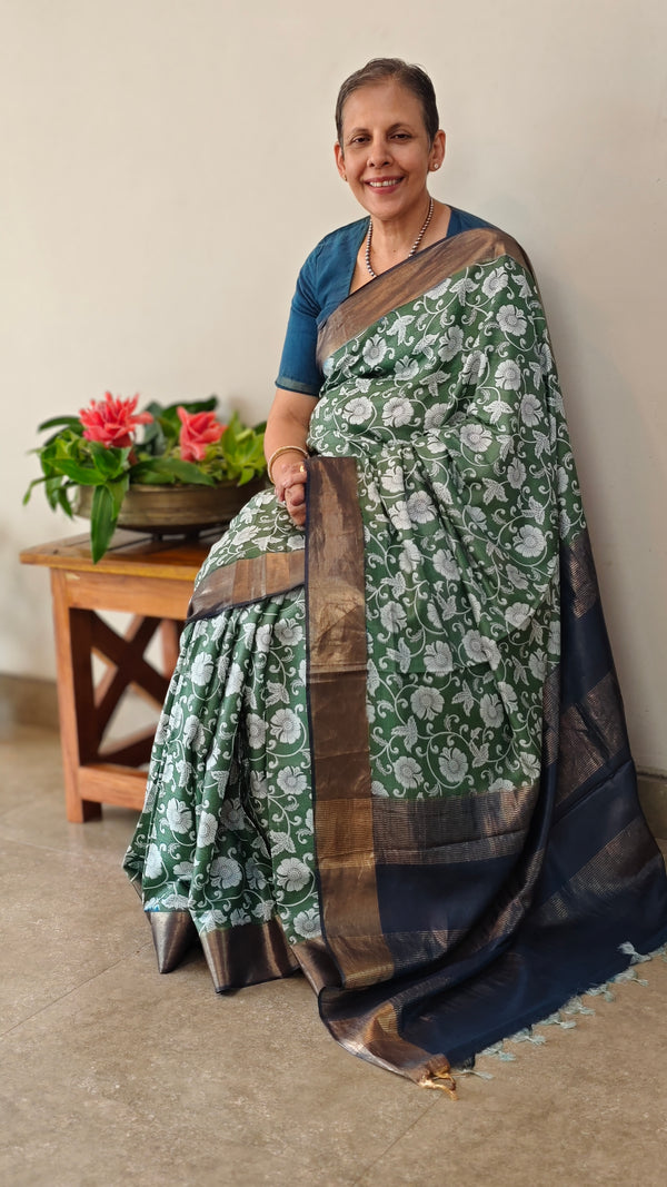 Floral printed green silk saree