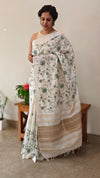 Green floral cross stitch embroidery on off white tussar silk saree - CST24