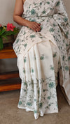 Green floral cross stitch embroidery on off white tussar silk saree - CST24