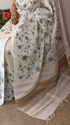 Green floral cross stitch embroidery on off white tussar silk saree - CST24