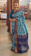 Floral printed blue silk saree
