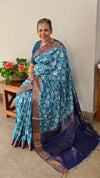Floral printed blue silk saree