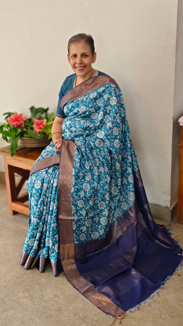 Floral printed blue silk saree