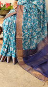 Floral printed blue silk saree