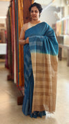 Blue and beige tussar silk saree