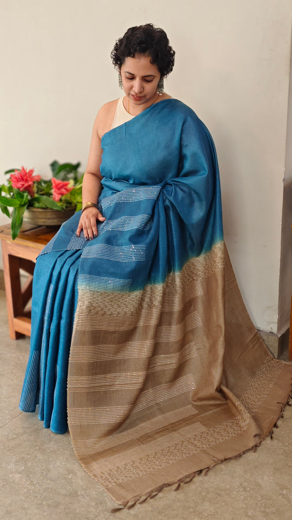 Blue and beige tussar silk saree