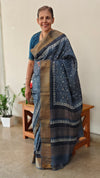 Indigo block printed tussar silk saree
