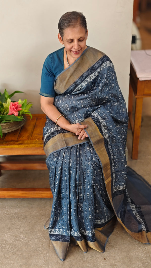 Indigo block printed tussar silk saree