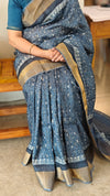 Indigo block printed tussar silk saree