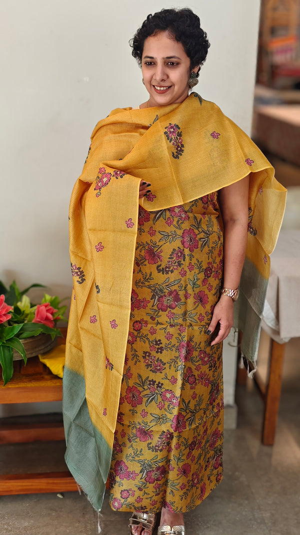 Mustard floral printed checked tussar silk suit - RD897