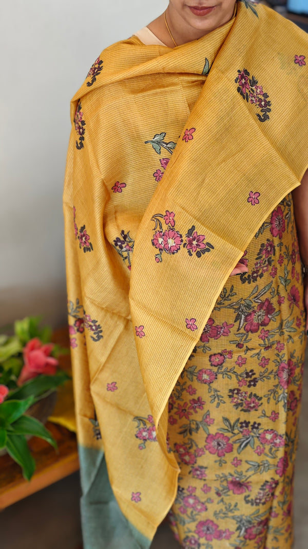Mustard floral printed checked tussar silk suit - RD897