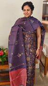 Purple floral printed checked tussar silk suit - RD897