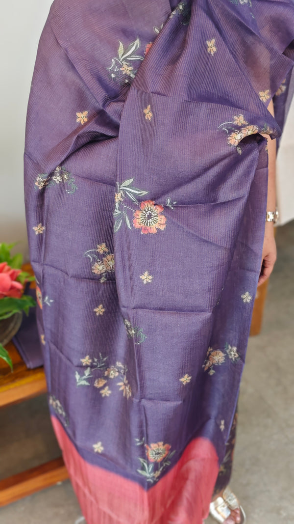 Purple floral printed checked tussar silk suit - RD897