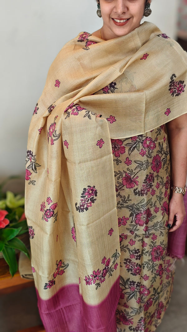 Light yellow floral printed check tussar silk suit - RD897