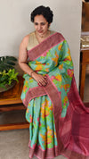 Green floral printed tussar silk saree