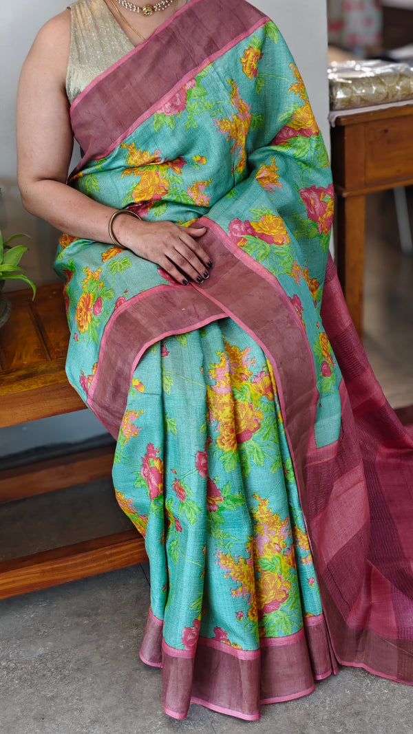 Green floral printed tussar silk saree