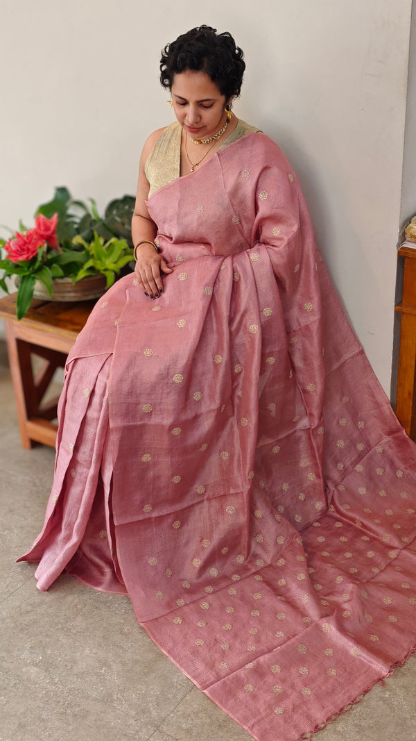 Light onion pink checked tussar silk saree - NZ91